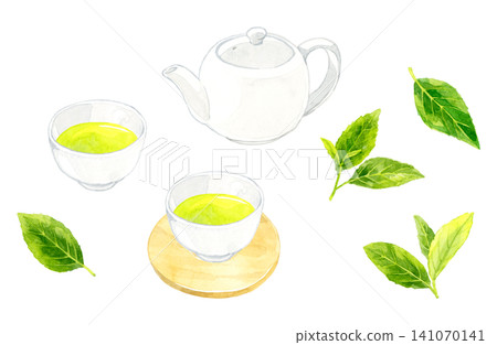Green tea, teapot, and tea leaves set - Hand-drawn watercolor illustration material Green tea, teapot, and tea leaves set - Hand-drawn watercolor illustration material 141070141
