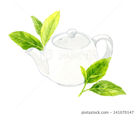 茶壺與綠茶葉 - 手繪水彩插畫素材 茶壺與綠茶葉 - 手繪水彩插畫素材 141070147