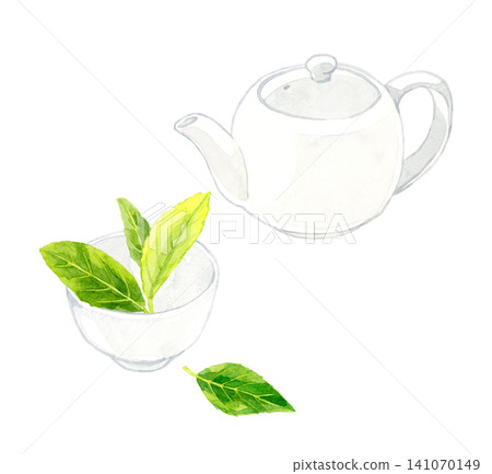 茶壺和茶杯，配上綠茶葉－手繪水彩插畫素材 141070149