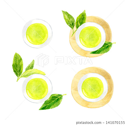 A set of green tea and tea leaves viewed from directly above - Hand-drawn watercolor illustration material A set of green tea and tea leaves viewed from directly above - Hand-drawn watercolor illustration material 141070155