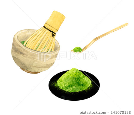 抹茶及茶道用具：手繪水彩插畫素材 141070158