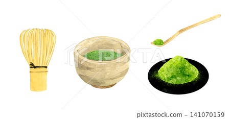 Matcha tea and tea ceremony utensil set - Hand-drawn watercolor illustration material Matcha tea and tea ceremony utensil set - Hand-drawn watercolor illustration material 141070159