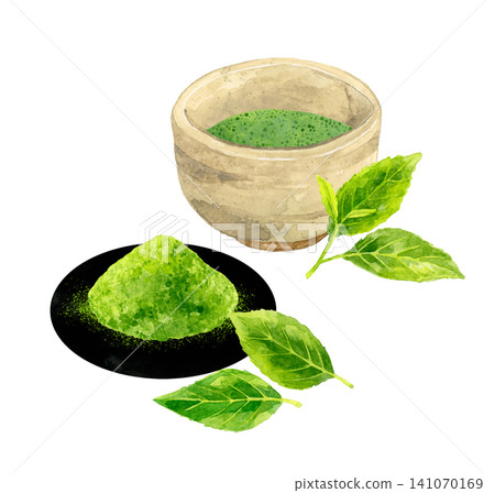 抹茶和茶葉 - 手繪水彩插畫素材 抹茶和茶葉 - 手繪水彩插畫素材 141070169