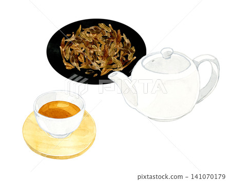 Roasted green tea, tea leaves, and teapot - Hand-drawn watercolor illustration material Roasted green tea, tea leaves, and teapot - Hand-drawn watercolor illustration material 141070179