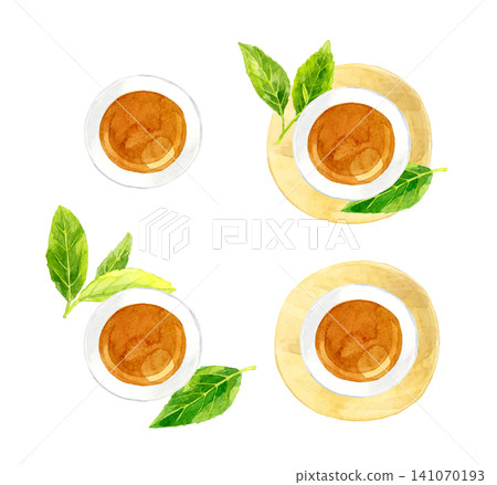 A top-down view of a hojicha tea set - hand-drawn watercolor illustration material A top-down view of a hojicha tea set - hand-drawn watercolor illustration material 141070193