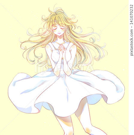 A mysterious woman with her hands clasped in front of her chest, smiling, and blonde hair. A mysterious woman with her hands clasped in front of her chest, smiling, and blonde hair. 141070232
