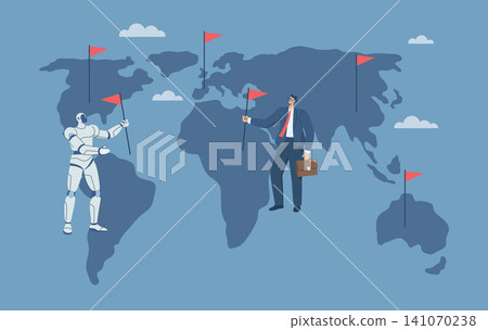 The concept of international business growth, Using AI to analyze global market expansion, Global business idea, Working with artificial intelligence, Global business growth. Vector illustration. The concept of international business growth, Using AI to analyze global market expansion, Global business idea, Working with artificial intelligence, Global business growth. Vector illustration. 141070238