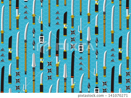 Seigaiha (wave pattern) and Japanese weapon designs in light blue. Seigaiha (wave pattern) and Japanese weapon designs in light blue. 141070271