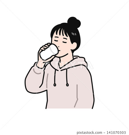 一幅簡單的向量插圖，描繪了一位頭髮紮起來的年輕女子正在用玻璃杯喝水。 141070303