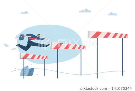 Preparing to overcome obstacles, Overcoming multi-level problems, Business challenges, Businessman jumping over hurdles higher obstacles, Vector design illustration. Preparing to overcome obstacles, Overcoming multi-level problems, Business challenges, Businessman jumping over hurdles higher obstacles, Vector design illustration. 141070344