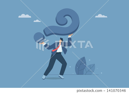 Burden or stress, The pressure of having many difficult questions with no answers or solutions, Key business problem, Businessman carries a heavy burden of a big question mark. Vector illustration. 141070346