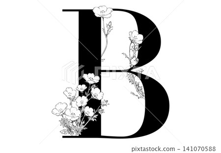 字母、花朵、淺藍色的眼睛、黑白插圖 字母、花朵、淺藍色的眼睛、黑白插圖 141070588