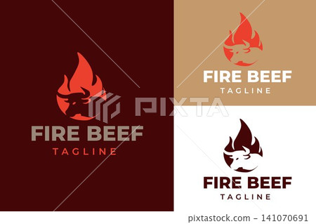 Bull Head Inside Flame Minimalist Logo for Steakhouse, Barbecue Restaurant, Beef Farm, Ranch, Butcher Shop and Meat Business Bull Head Inside Flame Minimalist Logo for Steakhouse, Barbecue Restaurant, Beef Farm, Ranch, Butcher Shop and Meat Business 141070691