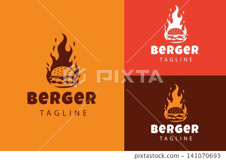 Hamburger with Flame Flat Logo for Fast Food Restaurant, Burger Shop, Grill House, Takeaway, Street Food and Catering Business Hamburger with Flame Flat Logo for Fast Food Restaurant, Burger Shop, Grill House, Takeaway, Street Food and Catering Business 141070693