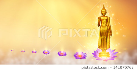 Golden Standing Buddha Statue on Lotus Pedestal with Purple Lotus Flowers Row on Soft Golden Background with Copy Space Golden Standing Buddha Statue on Lotus Pedestal with Purple Lotus Flowers Row on Soft Golden Background with Copy Space 141070762
