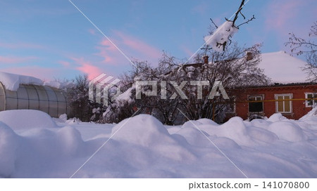 A snow-covered village yard with a brick house and greenhouse is buried in deep snowdrifts. The branches of the bushes are covered in fluffy snow against the backdrop of a gentle pink sunset. A snow-covered village yard with a brick house and greenhouse is buried in deep snowdrifts. The branches of the bushes are covered in fluffy snow against the backdrop of a gentle pink sunset. 141070800
