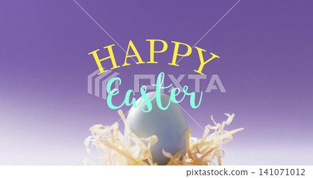 Image of happy easter text over blue easter egg in hey on purple background Image of happy easter text over blue easter egg in hey on purple background 141071012