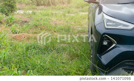 Low angle front view close up on bumper and wheel arch panel of a modern car parked on a lawn of dense. Fresh green overgrown grass during daytime. Low angle front view close up on bumper and wheel arch panel of a modern car parked on a lawn of dense. Fresh green overgrown grass during daytime. 141071098