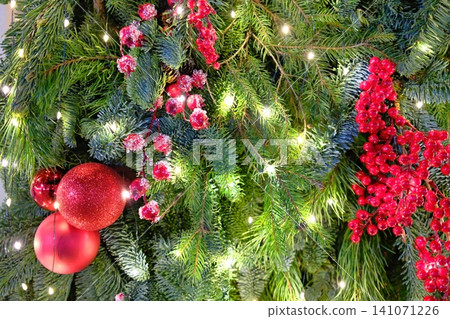 Green fir branches decorated for Christmas sparkle with red baubles, natural berries 141071226