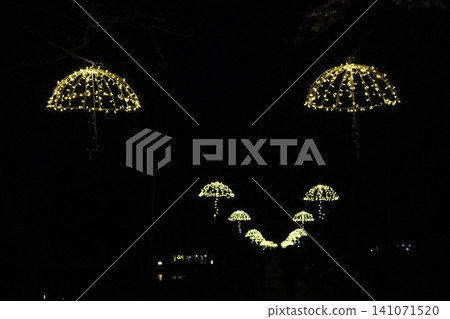 Illuminated umbrella lights, large and small, hang suspended in the dark night Illuminated umbrella lights, large and small, hang suspended in the dark night 141071520