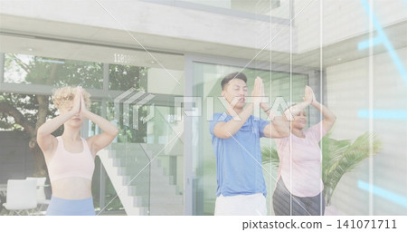 Practicing three adults pressing palms in modern home by glass wall, potted palm, in sportswear Practicing three adults pressing palms in modern home by glass wall, potted palm, in sportswear 141071711
