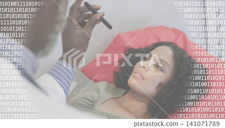Woman reclining on clinic couch with red pillow, doctor in white coat holding stylus binary overlay Woman reclining on clinic couch with red pillow, doctor in white coat holding stylus binary overlay 141071789