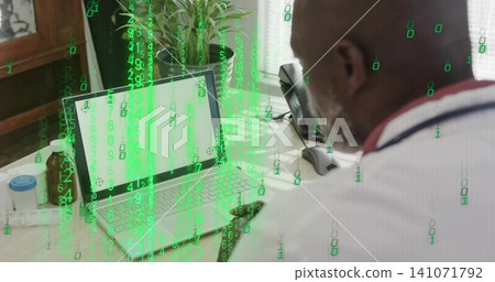 Viewing laptop, doctor in white coat with stethoscope at clinic desk, binary overlay, copy space Viewing laptop, doctor in white coat with stethoscope at clinic desk, binary overlay, copy space 141071792
