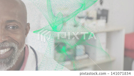 Smiling doctor wearing white lab coat and stethoscope at clinic, green mesh overlay, copy space Smiling doctor wearing white lab coat and stethoscope at clinic, green mesh overlay, copy space 141071834
