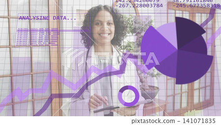 Holding tablet, female doctor wearing white coat and stethoscope, viewing purple charts in clinic Holding tablet, female doctor wearing white coat and stethoscope, viewing purple charts in clinic 141071835