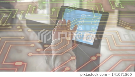 Tapping woman wearing light knit sweater controlling smart-home tablet on sofa near window, overlay Tapping woman wearing light knit sweater controlling smart-home tablet on sofa near window, overlay 141071860