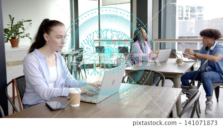 Working left woman in shirt typing on laptop at coworking cafe with AI overlay, copy space Working left woman in shirt typing on laptop at coworking cafe with AI overlay, copy space 141071873