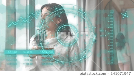 Standing woman in light grey high-neck sweater gazing out large window, showing AR HUD overlays Standing woman in light grey high-neck sweater gazing out large window, showing AR HUD overlays 141071947
