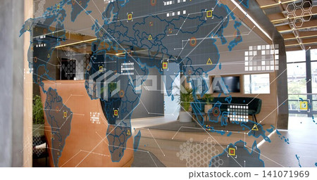 Displaying clear glass partition showing AR map overlay in office lobby, with tan leather seating Displaying clear glass partition showing AR map overlay in office lobby, with tan leather seating 141071969
