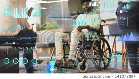Leading wheelchair user in light top, beige pants, guiding meeting in lounge with data overlays Leading wheelchair user in light top, beige pants, guiding meeting in lounge with data overlays 141072094