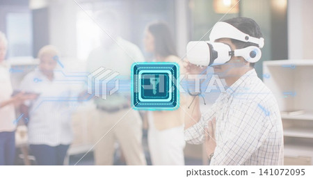 Adjusting Asian man testing VR headset using hologram chip key in office plaid shirt, copy space Adjusting Asian man testing VR headset using hologram chip key in office plaid shirt, copy space 141072095