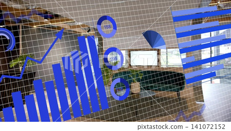 Displaying AR HUD overlay floating over living room, showing grid, charts, green sofa, plants Displaying AR HUD overlay floating over living room, showing grid, charts, green sofa, plants 141072152