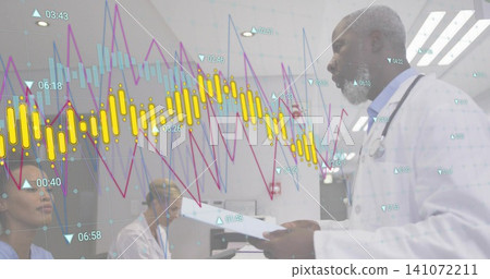 Talking doctor in lab coat, stethoscope handing papers at reception desk, data overlay, copy space 141072211