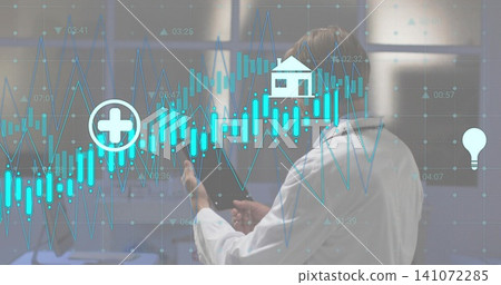 Pointing doctor in white lab coat holding phone, using clear turquoise charts in lab, copy space Pointing doctor in white lab coat holding phone, using clear turquoise charts in lab, copy space 141072285