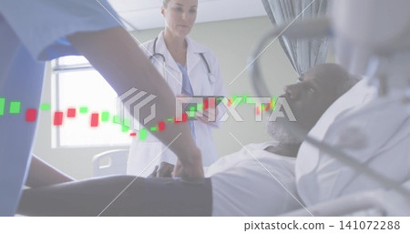 Adjusting scrub nurse placing BP cuff on patient at ward, whitecoat doctor with tablet, candlestick Adjusting scrub nurse placing BP cuff on patient at ward, whitecoat doctor with tablet, candlestick 141072288