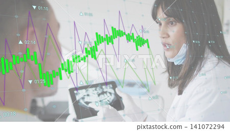 Showing X-ray on tablet, clinician in clinic in lab coat, mask-down, gloves, analytics, copy space Showing X-ray on tablet, clinician in clinic in lab coat, mask-down, gloves, analytics, copy space 141072294
