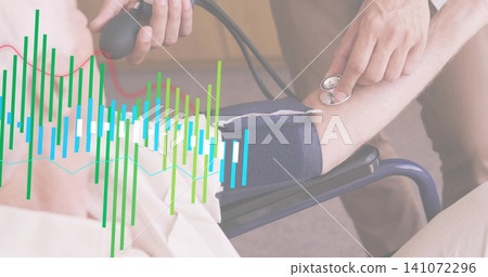 Measuring caregiver squeezing bulb on patient's cuffed arm in clinic, patient in gown, data overlay Measuring caregiver squeezing bulb on patient's cuffed arm in clinic, patient in gown, data overlay 141072296
