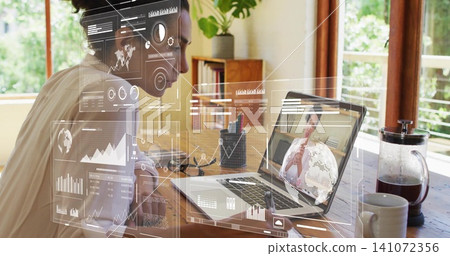 Sitting mature woman viewing remote call on laptop at home-office HUD overlays, blouse, copy space Sitting mature woman viewing remote call on laptop at home-office HUD overlays, blouse, copy space 141072356