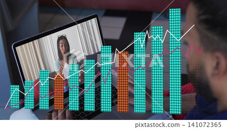 Watching laptop host holding paper in light top presenting data with charts on couch, copy space Watching laptop host holding paper in light top presenting data with charts on couch, copy space 141072365