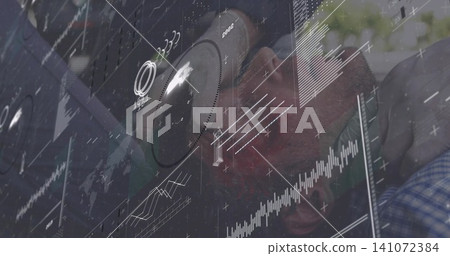 Reclining man wearing eyeglasses and plaid shirt merging with HUD overlays in control room, gauges Reclining man wearing eyeglasses and plaid shirt merging with HUD overlays in control room, gauges 141072384