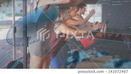 Pulling group adults in athletic clothing rowing on rowers at gym with windows, red-top bench, HUD Pulling group adults in athletic clothing rowing on rowers at gym with windows, red-top bench, HUD 141072407