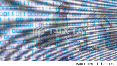 Leaning couple in jackets, scarf on rooftop metal railing with bag, blue binary overlay, scan lines Leaning couple in jackets, scarf on rooftop metal railing with bag, blue binary overlay, scan lines 141072450