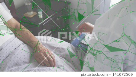 Holding patient arm hospital bed, nurse in white coat leaning with pill, green overlay, copy space Holding patient arm hospital bed, nurse in white coat leaning with pill, green overlay, copy space 141072509
