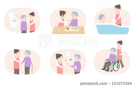 一組描繪幫助老年婦女進行日常生活活動的插圖。 一組描繪幫助老年婦女進行日常生活活動的插圖。 141072564