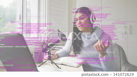 Recording woman wearing gray turtleneck speaking to mic by window, laptop magenta overlay Recording woman wearing gray turtleneck speaking to mic by window, laptop magenta overlay 141072629