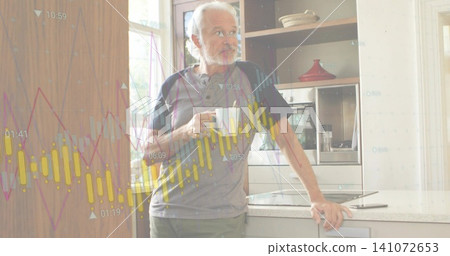 Holding mug, man in polo leaning on light countertop at modern kitchen, tablet and finance overlays Holding mug, man in polo leaning on light countertop at modern kitchen, tablet and finance overlays 141072653